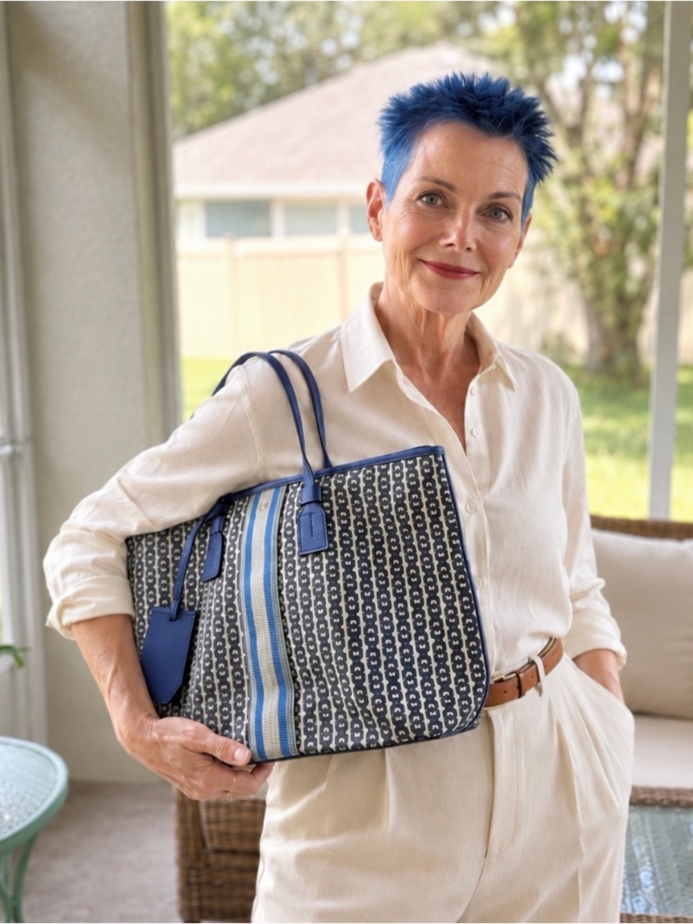 Tory Burch Gemini Link Tote Blue Navy Chain Print Shoulder Bag